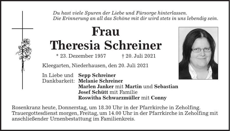 Traueranzeige Theresia Schreiner