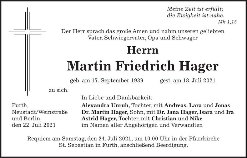 Traueranzeige Martin Friedrich Hager