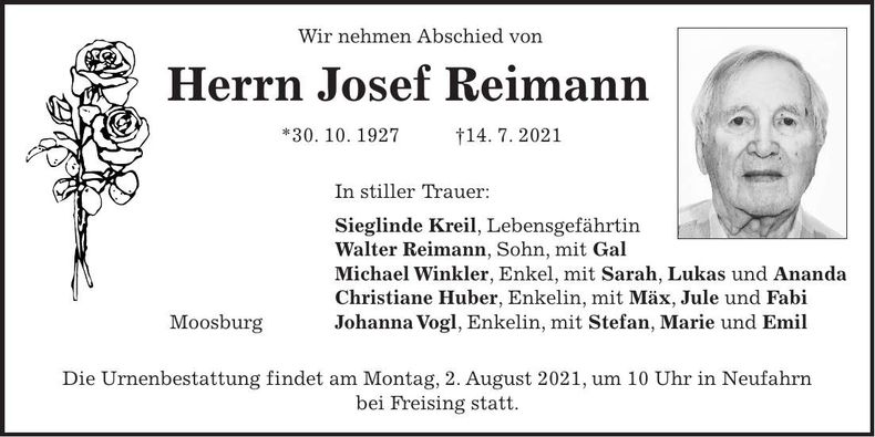 Traueranzeige Josef Reimann