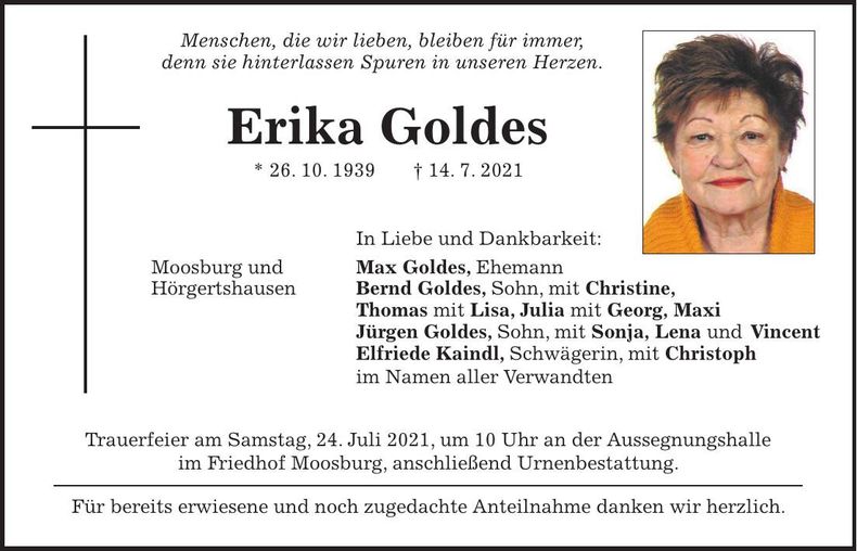 Traueranzeige Erika Goldes