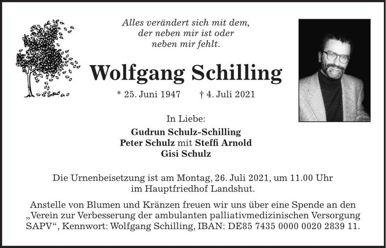 Traueranzeige Wolfgang Schilling