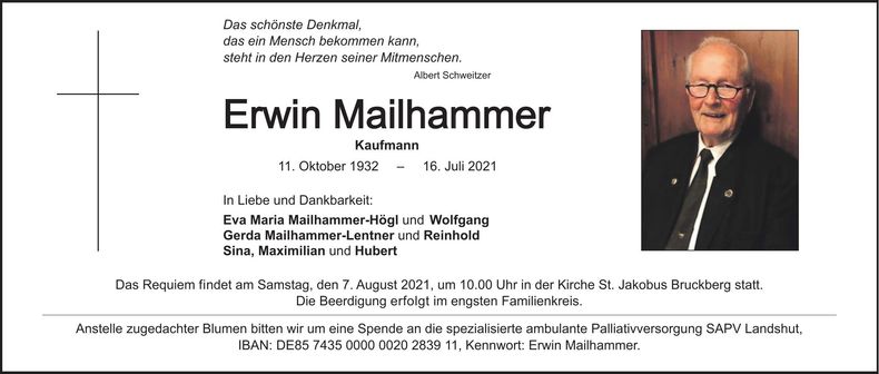 Traueranzeige Erwin Mailhammer