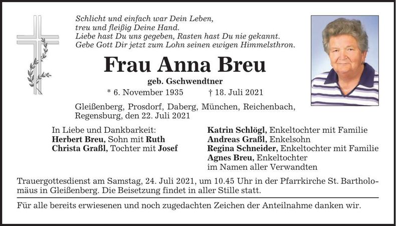 Traueranzeige Anna Breu