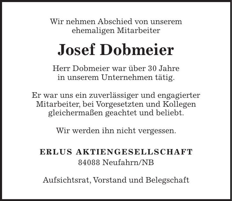 Traueranzeige Dobmeier Josef