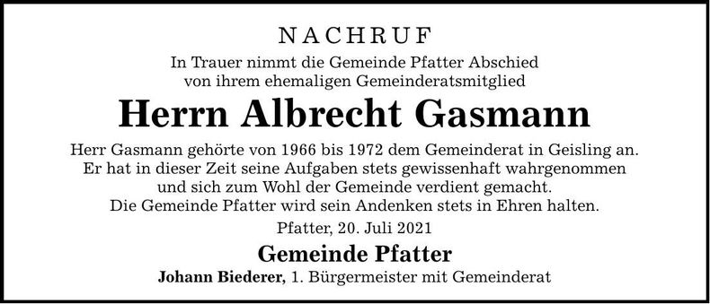 Traueranzeige Albrecht Gasmann