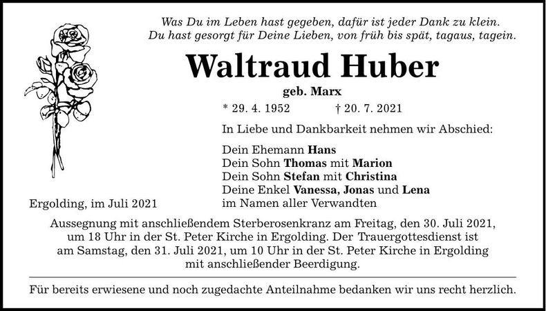 Traueranzeige Waltraud Huber