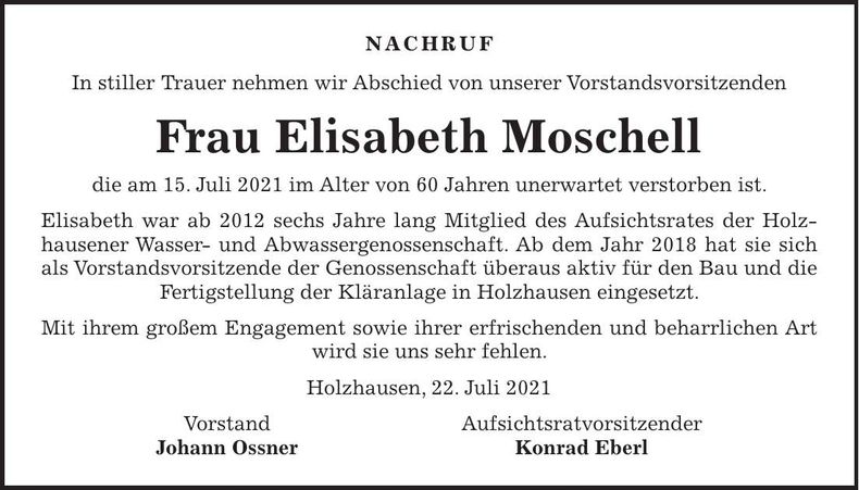 Traueranzeige Elisabeth Moschell