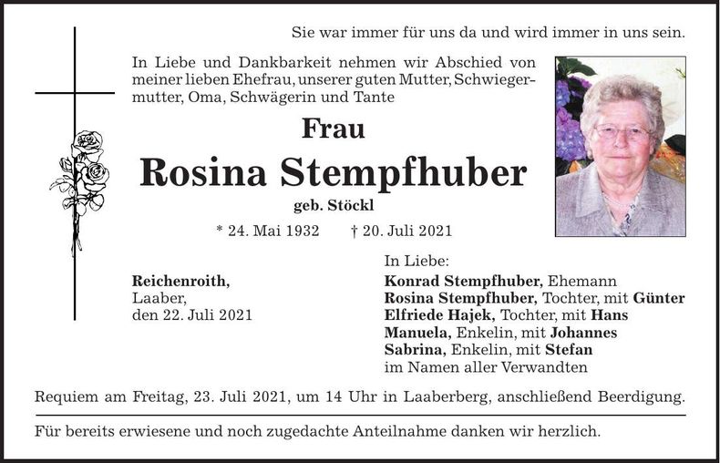Traueranzeige Rosina Stempfhuber