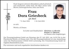 Traueranzeige Dora Griesbeck