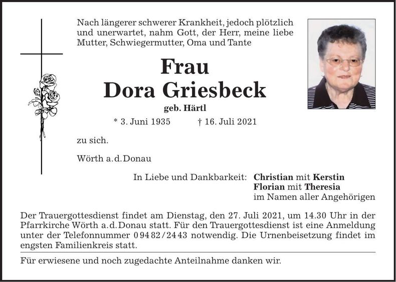 Traueranzeige Dora Griesbeck