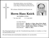 Traueranzeige Hans Knick