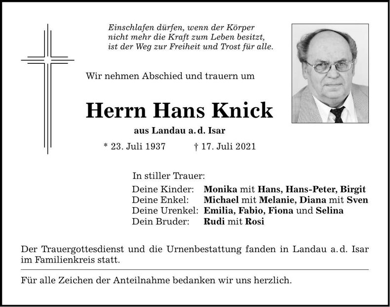 Traueranzeige Hans Knick