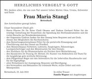 Traueranzeige Maria Stangl