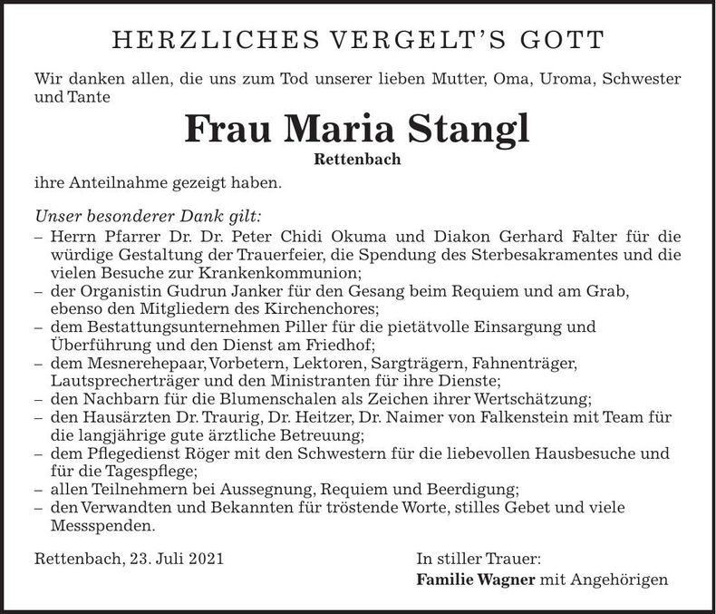 Traueranzeige Maria Stangl