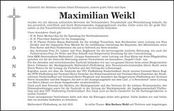 Traueranzeige Maximilian Weikl