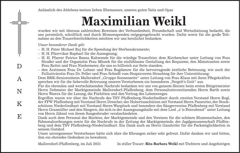 Traueranzeige Maximilian Weikl
