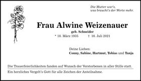 Traueranzeige Alwine Weizenauer