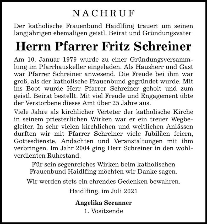 Traueranzeige Fritz Schreiner