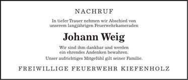 Traueranzeige Johann Weig