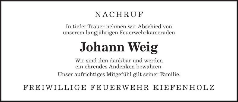 Traueranzeige Johann Weig