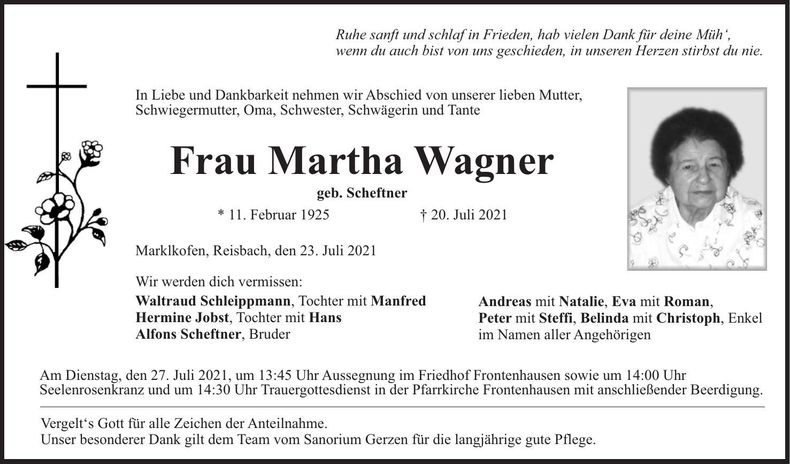 Traueranzeige Martha Wagner