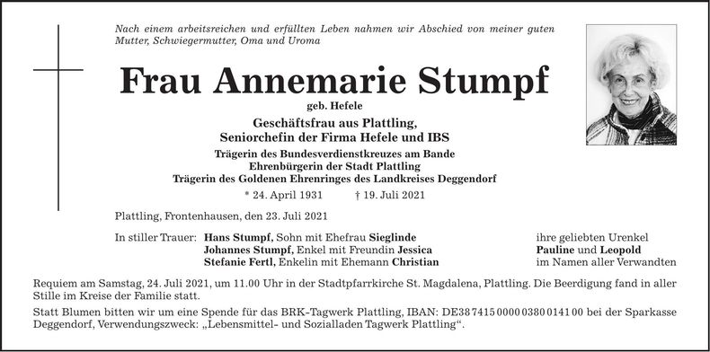 Traueranzeige Annemarie Stumpf