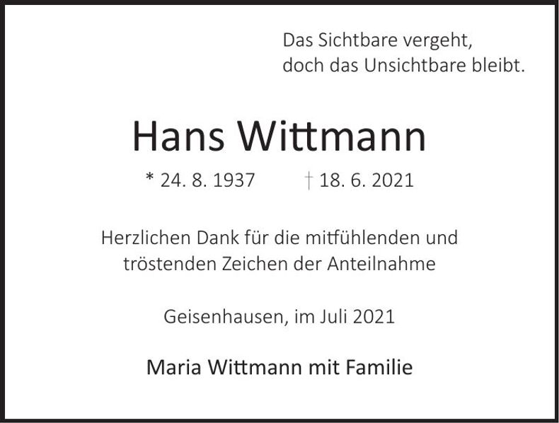 Traueranzeige Hans Wittmann