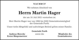 Traueranzeige Martin Hager