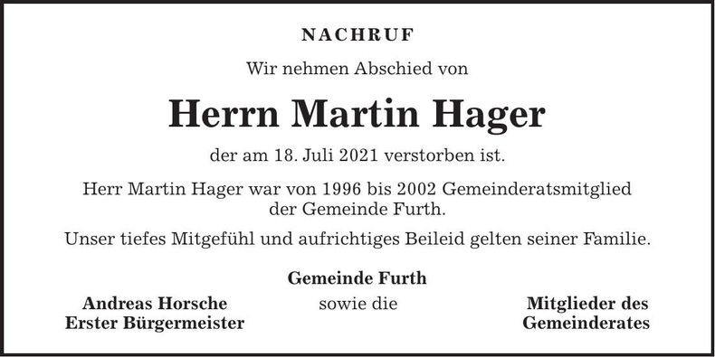 Traueranzeige Martin Hager
