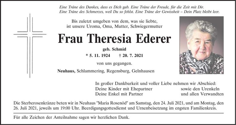 Traueranzeige Therese Ederer