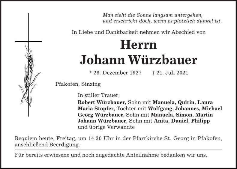 Traueranzeige Johann Würzbauer