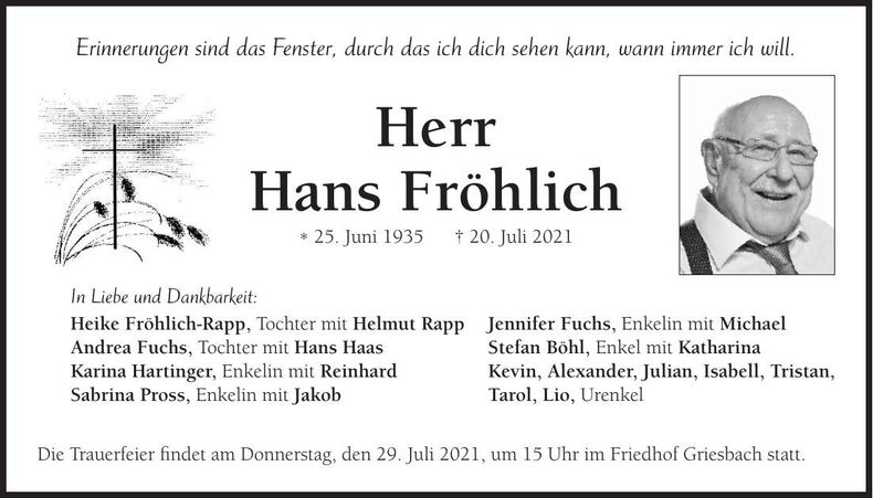 Traueranzeige Hans Fröhlich