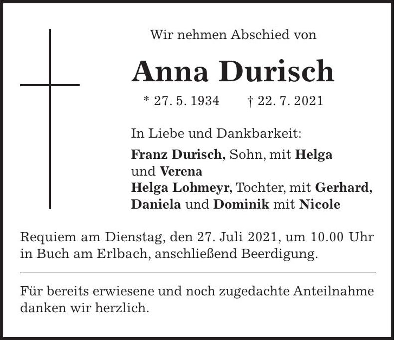 Traueranzeige Anna Durisch
