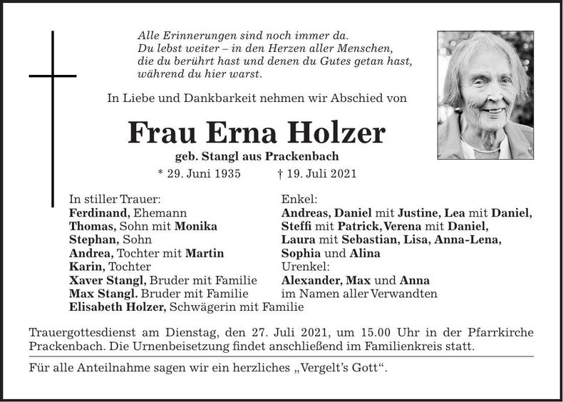 Traueranzeige Holzer Erna