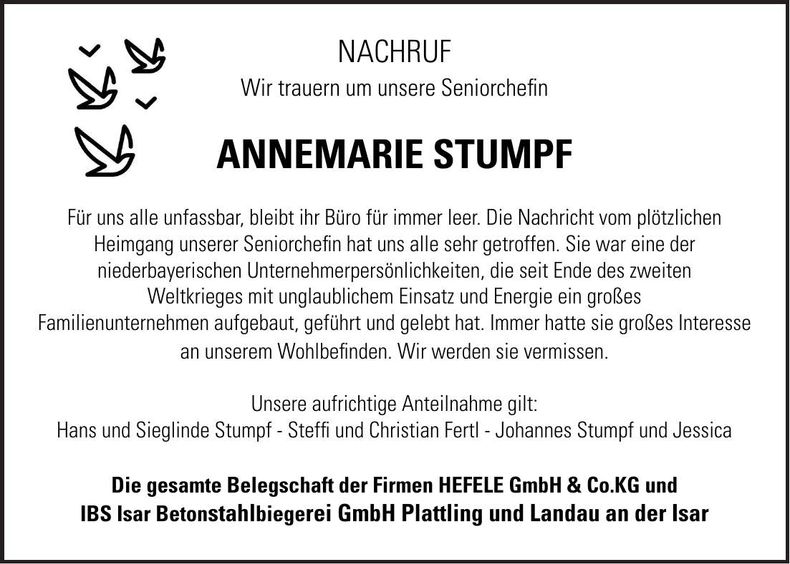 Traueranzeige Annemarie Stumpf
