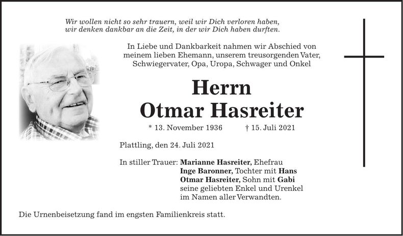 Traueranzeige Hasreiter Otmar