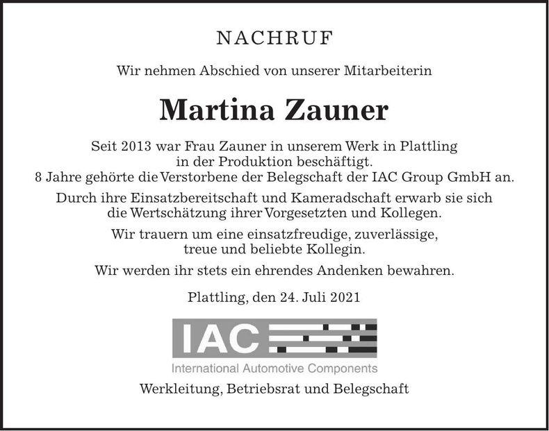 Traueranzeige Martina Zauner