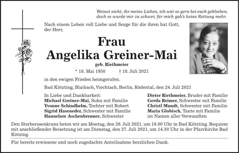 Traueranzeige Angelika Greiner-Mai