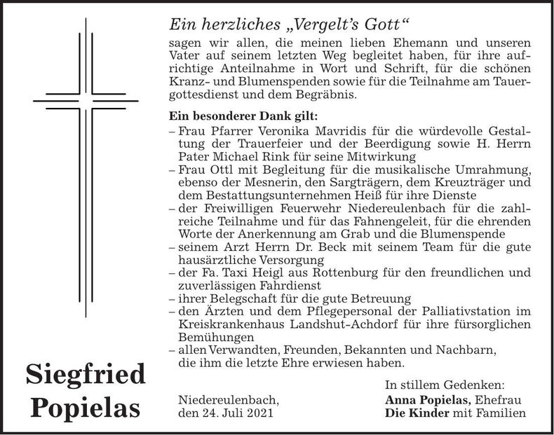 Traueranzeige Siegfried Popielas