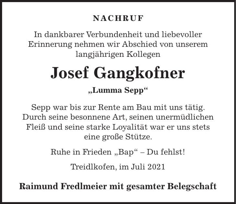 Traueranzeige Josef Gangkofner