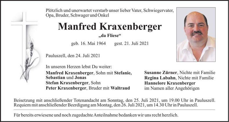 Traueranzeige Manfred Kraxenberger