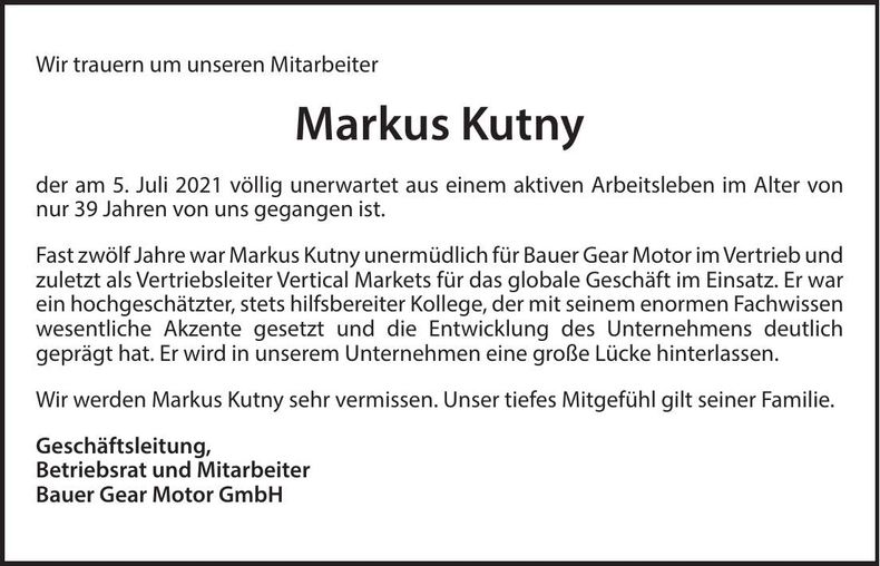Traueranzeige Markus Kutny