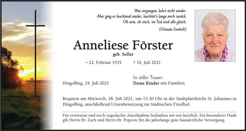 Traueranzeige Anneliese Förster