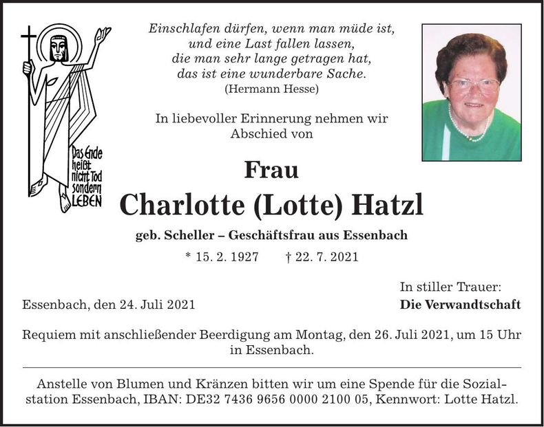 Traueranzeige Charlotte Hatzl