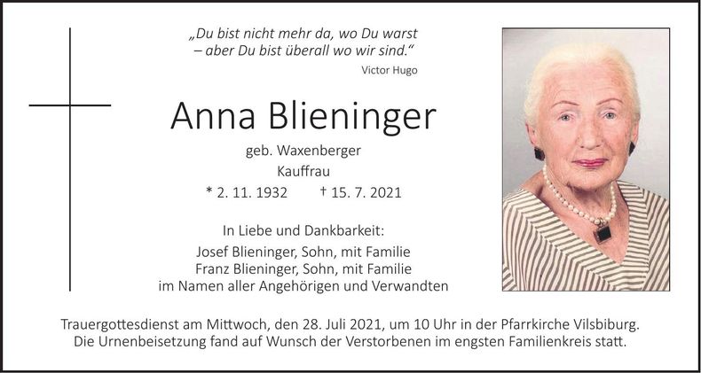 Traueranzeige Anna Blieninger