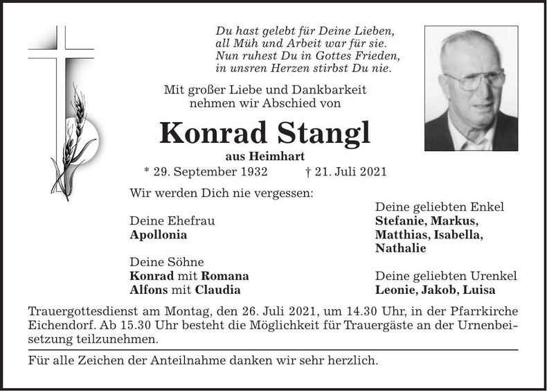 Traueranzeige Konrad Stangl