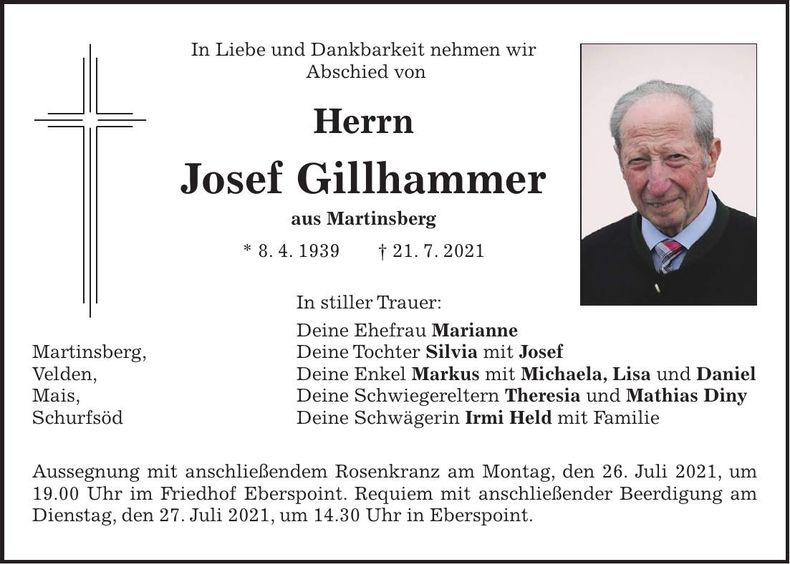 Traueranzeige Josef Gillhammer