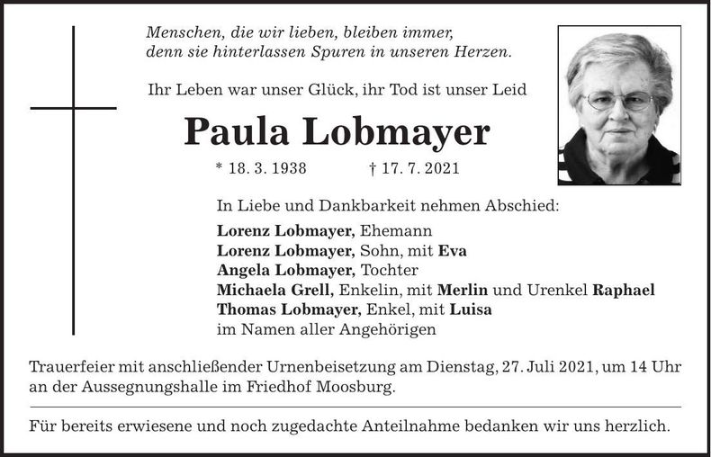 Traueranzeige Paula Lobmayer