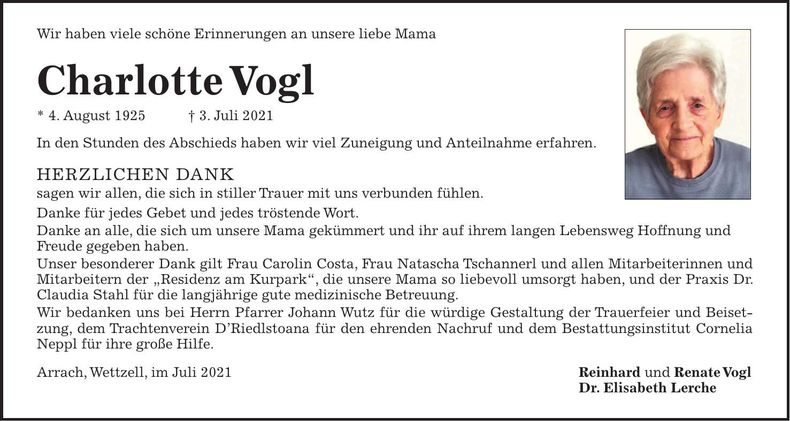 Traueranzeige Charlotte Vogl