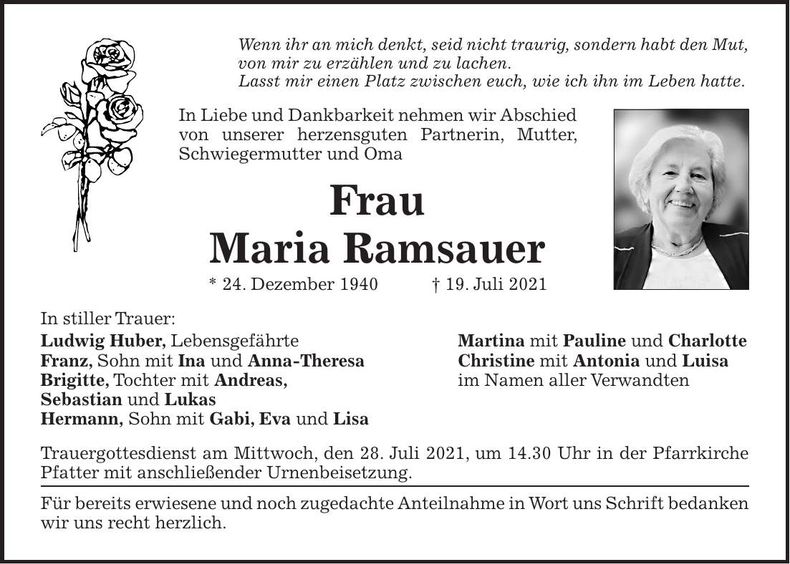 Traueranzeige Maria Ramsauer